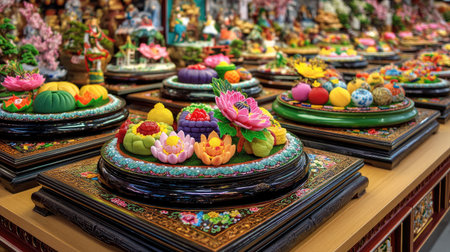 This vibrant image captures a captivating array of decorative fruit and floral arrangements, showcasing artistry and tradition in a festive market setting.の素材