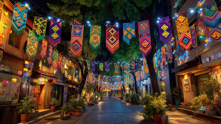 A lively street adorned with colorful decorations and vibrant lights creates a festive atmosphere at night, celebrating culture and tradition in urban beauty.の素材