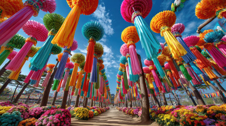 A stunning outdoor scene filled with colorful pom-pom decorations hanging from trees, surrounded by vibrant flowers under a bright blue sky.の素材