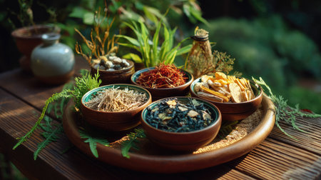 This artistic arrangement showcases a variety of dried herbs and spices in rustic bowls, emphasizing natural wellness and the beauty of organic ingredients in a serene garden setting.の素材