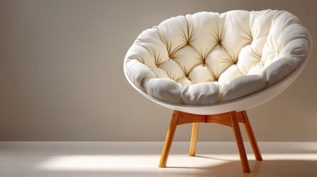 This image features a cozy round lounge chair with a plush cushion and wooden legs, perfect for adding modern elegance to any living space.の素材