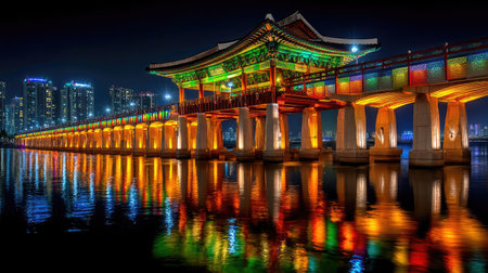 A stunning view of a traditional bridge illuminated with vibrant colors at night, reflecting beautifully on calm waters, surrounded by a modern city skyline.の素材