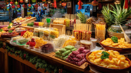 Explore a vibrant Asian street market stall filled with an array of colorful snacks and fresh fruits. This bustling scene showcases traditional treats, inviting aromas, and an appealing presentation perfect for food lovers and culinary enthusiasts.の素材