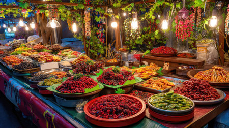A vibrant market stall filled with an array of fresh fruits and colorful vegetables, illuminated by decorative lights creating a lively atmosphere.の素材