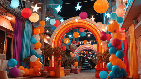 A vibrant street scene illuminated at night, showcasing rainbow arches adorned with colorful balloons and lanterns, creating a festive atmosphere for celebrations.の素材