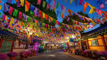 A captivating street adorned with colorful flags creates a festive atmosphere. The vibrant flowers and evening lights enhance the charming scene, inviting exploration.の素材