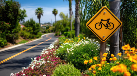 A beautiful landscape showcases a bicycle path sign framed by a variety of vibrant flowers and palm trees, highlighting outdoor recreation in a sunny environment.の素材