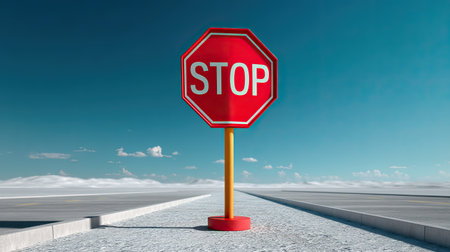 A vibrant red stop sign stands prominently on a clear road under a bright blue sky, symbolizing traffic safety and clear communication in a minimalist setting.の素材