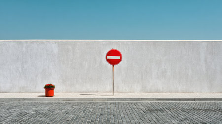 A serene and minimalist urban scene featuring a no entry sign beside a flower pot against a textured white wall and clear blue sky. The simplicity emphasizes tranquility and design.の素材