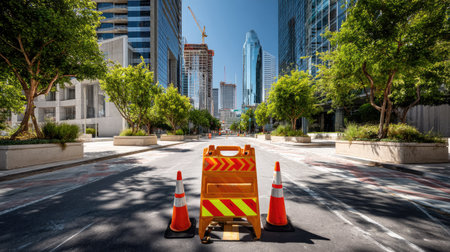 A vibrant urban street scene featuring traffic cones and barriers on a sunny day. Modern buildings create an impressive skyline in the background.の素材