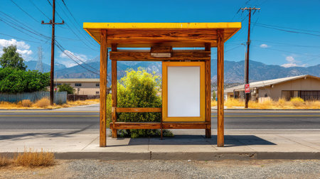 A picturesque view of an empty bus stop surrounded by natural elements. The wooden structure stands against a backdrop of clear blue sky and distant mountains, evoking a sense of peace and solitude.の素材
