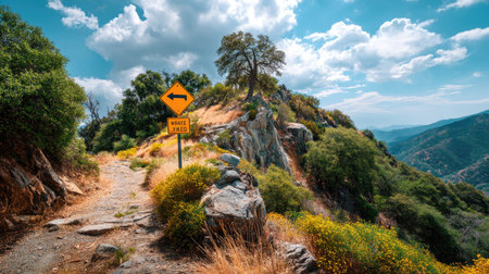 A breathtaking view of a mountain trail featuring a warning sign. The lush greenery and vibrant landscape contrast beautifully with the blue sky and clouds.の素材
