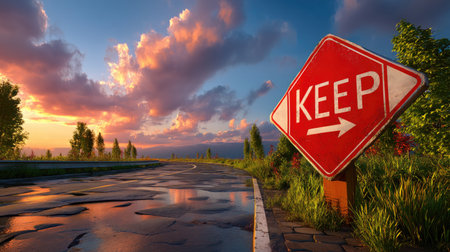 This captivating image features a roadside sign with the word "KEEP" set against a stunning sunset with vibrant clouds and lush greenery. A tranquil road beckons exploration.の素材