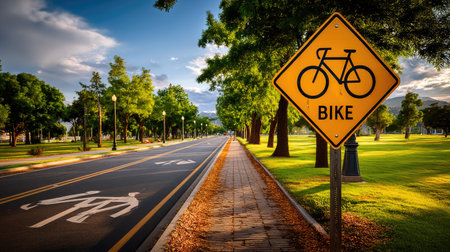 A vibrant scene of a park pathway featuring a bike lane sign under a blue sky, surrounded by lush greenery. Ideal for promoting outdoor activities.の素材