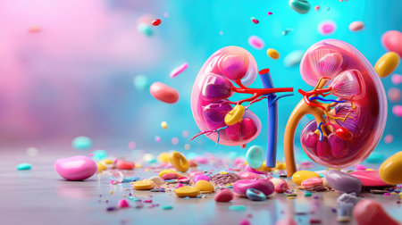 This vibrant artistic illustration showcases human kidneys amidst colorful elements, combining science with creativity for educational and health awareness purposes.の素材