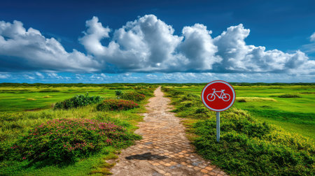 A beautiful pathway through expansive green fields features a prominent bicycle sign against a stunning backdrop of fluffy clouds and blue sky.の素材