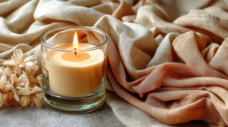 A serene candle glows softly in a glass jar, surrounded by luxurious fabric and delicate flowers, creating a peaceful and cozy atmosphere perfect for relaxation.の素材