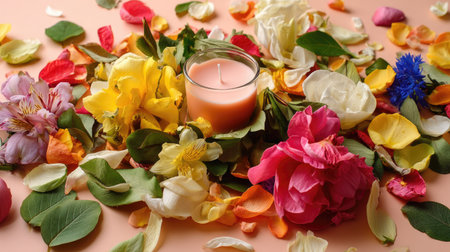 A serene arrangement featuring a candle surrounded by an array of vibrant flower petals, creating a calming atmosphere perfect for relaxation and wellness.の素材