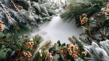 A peaceful winter scene showcasing snow-covered pine branches intertwined with delicate flora in a serene forest setting, evoking a sense of tranquility.の素材