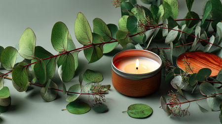 A serene composition featuring a metallic candle surrounded by lush eucalyptus leaves on a gentle green background, perfect for creating a calming atmosphere.の素材