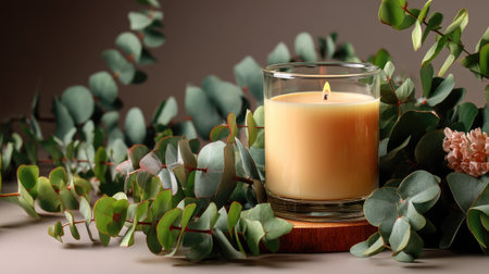 A calming scene featuring a lit candle surrounded by lush eucalyptus leaves on a wooden base, creating a serene atmosphere perfect for relaxation.の素材