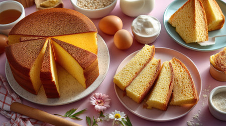A visually appealing display of a freshly baked yellow cake with several slices arranged on plates, showcasing ingredients and baking tools for a delightful culinary experience.の素材