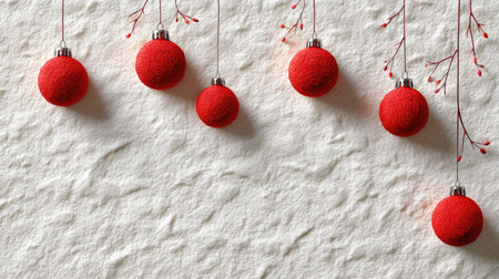 Capture the essence of holiday spirit with these vibrant red ornaments delicately suspended against a textured white background, perfect for festive decor.の素材