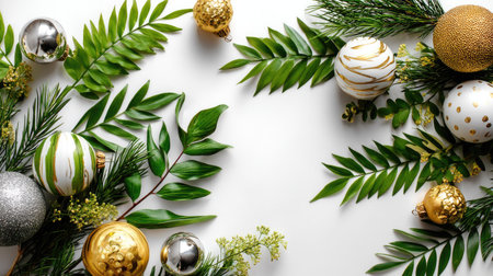 A vibrant arrangement of Christmas ornaments and lush greenery, perfect for capturing the festive spirit of the holiday season. Ideal for seasonal decor.の素材
