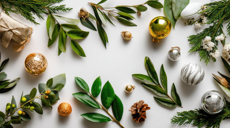 A beautiful flat lay of Christmas ornaments and lush greenery arranged on a white background, perfect for holiday themes, seasonal decor, and festive events.の素材
