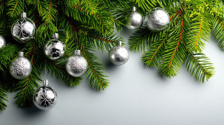 This stunning image features beautiful silver ornaments hanging from fresh green pine branches, creating a perfect backdrop for holiday celebrations.の素材