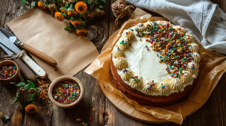 A beautifully crafted cake adorned with colorful sprinkles and creamy frosting, set on a rustic wooden table. Perfect for celebrations and gatherings.の素材
