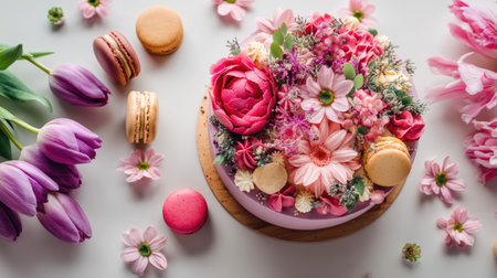 This beautiful floral cake features an assortment of pink flowers and macarons, perfect for celebrations, parties, or special occasions.の素材