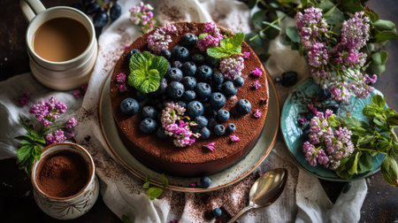 A beautifully arranged chocolate cake adorned with blueberries and edible flowers, accompanied by coffee and cocoa, evokes a delightful rustic ambiance.の素材