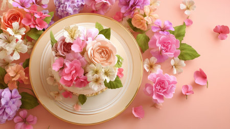 A stunning cake adorned with an array of colorful edible flowers against a soft pastel background, perfect for celebrations and special occasions.の素材
