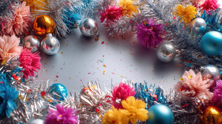 Bright and colorful party decor features tinsel, shiny ornaments, and vibrant flowers, perfect for festive gatherings and celebrations. Enhance your events!の素材