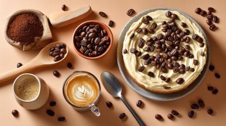 A delightful coffee cake topped with coffee beans, served alongside various coffee styles, set against a soft light background, perfect for food enthusiasts.の素材