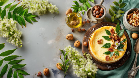 A beautiful cheesecake garnished with nuts and fresh leaves on a rustic tabletop, showcasing the harmony of flavors and artistic culinary presentation.の素材