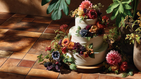 This stunning three-tiered wedding cake features an exquisite decoration of fresh flowers and greenery, creating a romantic and elegant centerpiece for any celebration.の素材