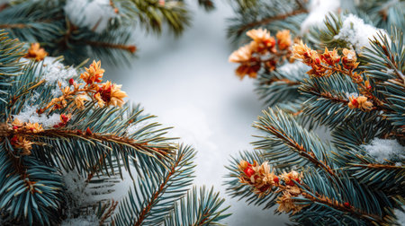 A detailed close-up of snow-covered evergreen branches adorned with pine cones, capturing the serene beauty of winter in a tranquil natural setting.の素材