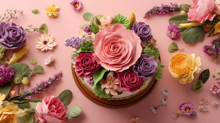A stunning cake adorned with a large pink rose and vibrant sugar flowers on a soft pink background, perfect for celebrations, events, and special occasions.の素材