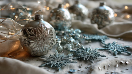 An elegant arrangement featuring silver and blue Christmas ornaments alongside glittering snowflakes. Perfect for holiday themed projects and celebrations.の素材