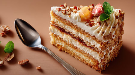 A beautifully presented slice of layered cake featuring creamy frosting, crunchy nuts, and fresh fruits, perfect for any dessert lover or celebration.の素材