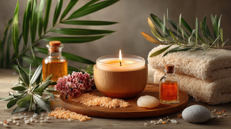 This serene spa setting features a lit candle, essential oils in glass bottles, bath salts, and plush towels, creating an inviting atmosphere for relaxation and self-care.の素材
