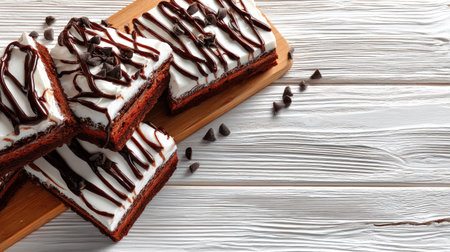 A tempting display of red velvet cake slices featuring creamy frosting and chocolate drizzle, perfect for dessert lovers and special occasions.の素材
