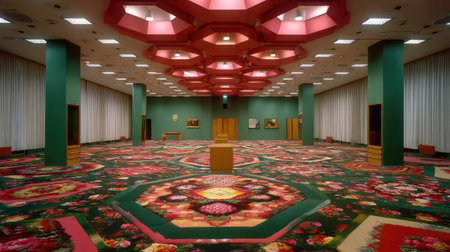 This image captures a spacious conference room featuring a vibrant floral carpet and unique octagonal ceiling design. The setting is ideal for business meetings and events.の素材
