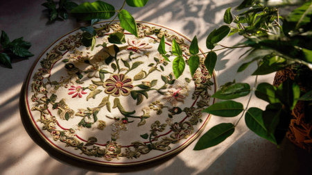 This beautiful handcrafted embroidery circle rug showcases a vibrant floral motif surrounded by lush greenery, creating a warm and inviting atmosphere.の素材