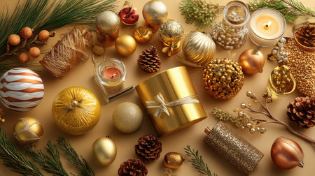 A stunning arrangement of luxurious gold Christmas decorations, including ornaments, candles, and natural elements, perfect for holiday celebrations.の素材