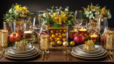 A beautifully arranged table for a holiday gathering, featuring shiny ornaments, fresh flowers, candles, and elegant dinnerware, perfect for celebrations.の素材