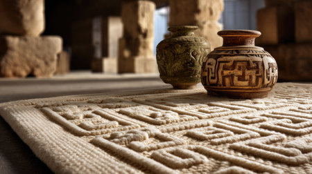 A captivating scene featuring handcrafted pottery on a textured rug, set against an artistic background with stone elements, showcasing cultural heritage and craftsmanship.の素材