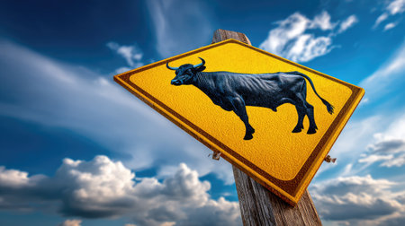 A striking caution sign features a black bull, set against a vibrant blue sky filled with dramatic clouds, showcasing rural life. Perfect for nature themes.の素材